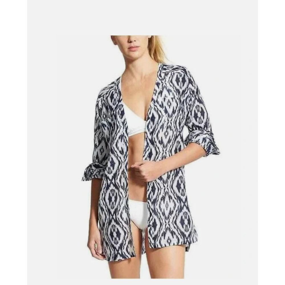 Athleta Kaftan Tunic Top White/Navy Beach Swim Cover Up Ikat‎ Silk Blend size XS